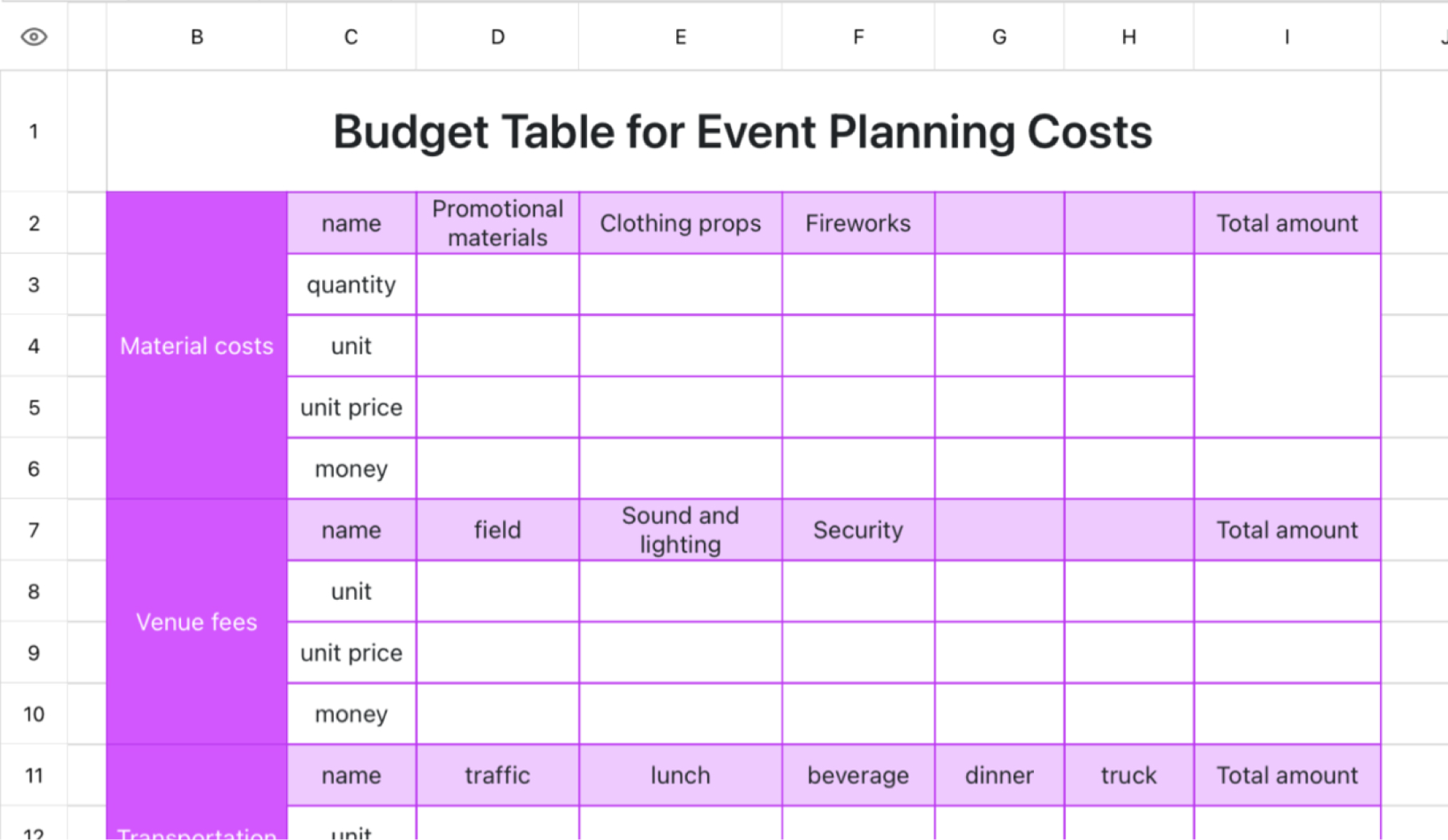 Event planning cost budget table 1